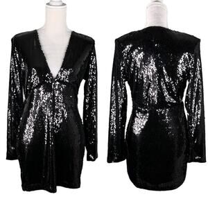 Motel Melana Plunge Neck Bodycon Sequin Dress Black Medium New